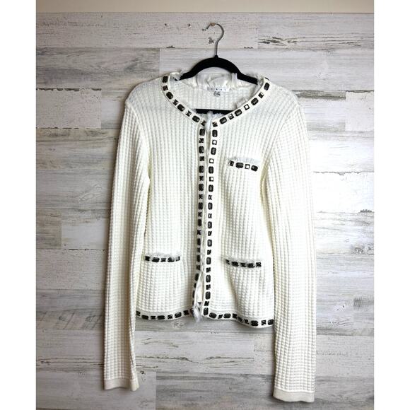 CAbi Women’s M Gabrielle White Waffle Knit Beaded Boho Fringe Cardigan Sweater - Picture 1 of 7